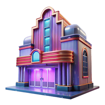 impressive artistic An Art Deco cinema, vibrant neon signs illuminating its facade, rain-slicked streets reflecting the light, cinematic lighting, digital art genuine png