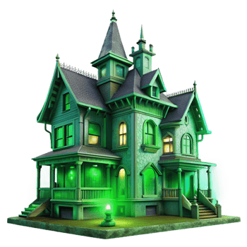 extraordinary contemporary A dilapidated Victorian mansion, shrouded in fog, eerie green lighting, horror style genuine png