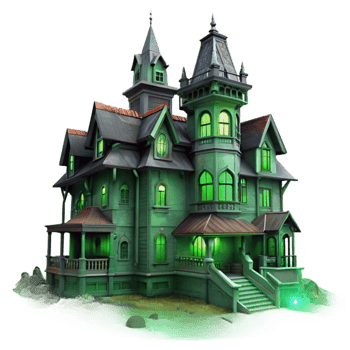 dramatic modern A dilapidated Victorian mansion, shrouded in fog, eerie green lighting, horror style exclusive png