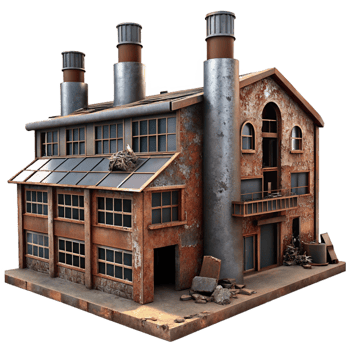 impressive vintage A dilapidated industrial factory, rusty metal and broken windows, gritty, realistic style high resolution png
