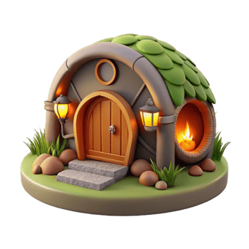 wonderful modern A cozy hobbit hole built into a hillside, warm firelight flickering within, fantasy art genuine png