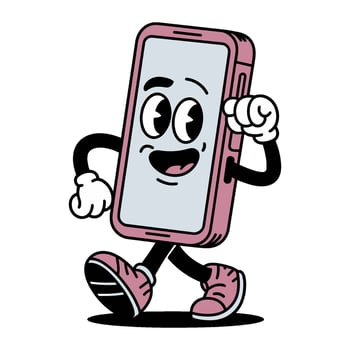 Retro character design of a cheerful smartphone walking with sneakers in a cartoon style vector