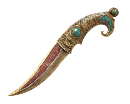 Ancient ceremonial dagger with intricate designs and colorful gemstones, showcasing craftsmanship and historical significance. Perfect for collectors and enthusiasts png