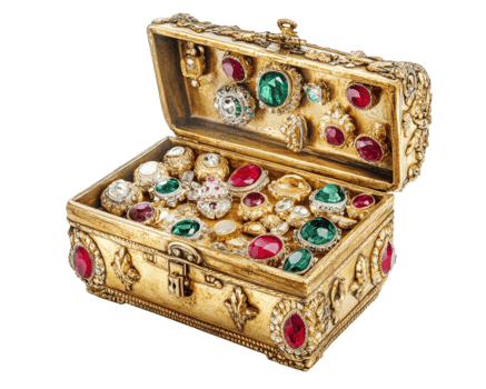 ancient treasure chest filled with colorful gemstones and jewelry, showcasing intricate designs and luxurious appearance. This captivating piece evokes sense of mystery and adventure png