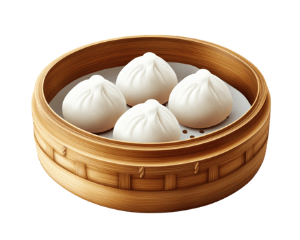 bamboo steamer filled with freshly steamed bao buns, showcasing their soft, fluffy texture and inviting aroma. wooden steamer adds traditional touch to presentation png