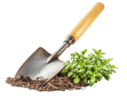 garden spade with wooden handle is placed in soil next to fresh green plants, isolated on transparency background png