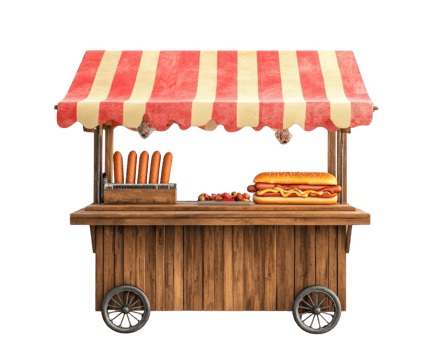 wooden hot dog stand with red and white striped canopy displays sausages and large hot dog, evoking classic street food vibe png