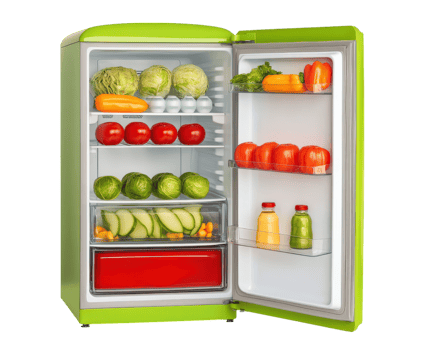 A green refrigerator with fruit and vegetables inside png