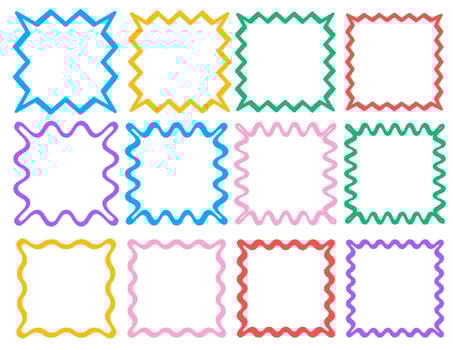Set of colorful square wavy ink drawn frames. Zigzag wavy edges, psychedelic photo frames, text boxes, borders. Abstract elements for template, stickers, promo material, web or social media design. vector