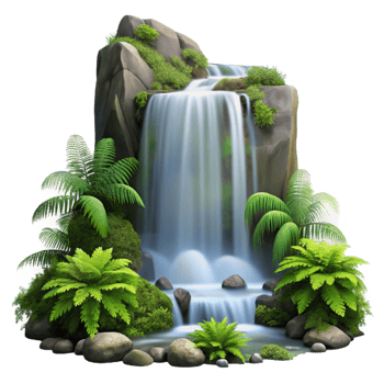 vibrant traditional A Cascading Waterfall Surrounded by Lush premium png