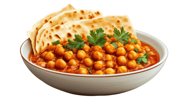 serving of spicy chickpea curry with flatbread, garnished with fresh herbs, offers delightful and flavorful meal experience png