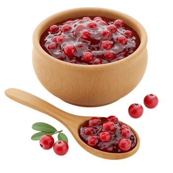 Wooden bowl and spoon filled with cranberry sauce and some loose cranberries on a plain surface transparent background png