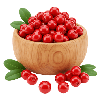 Abundance of vibrant red cranberries overflowing from a light wooden bowl with green leaves around it transparent background png