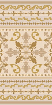 Beautiful Scroll Ornament Rich Border Design With Elegance Detailed Florals Pattern. Royal Gold Silk Embroidery Hand Drawn Needlecraft Medieval Renaissance Style for Wealth Decoration Silk Fabric Lace vector