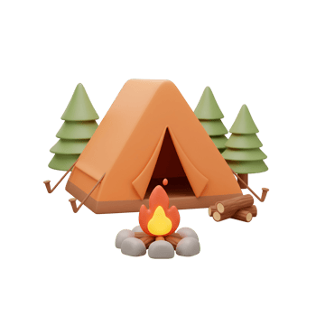 A stylized camping scene featuring a tent campfire and trees in a rendered cartoonish style image transparent background png