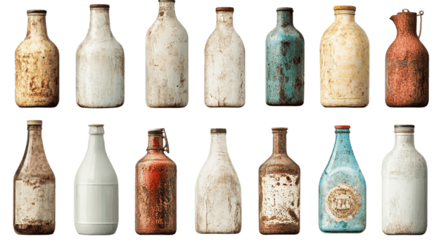 Vintage milk bottles collection antique farm containers isolated on transparent background png