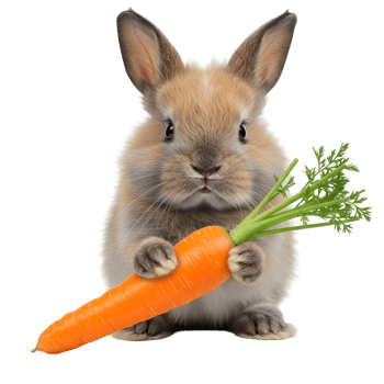 A fluffy bunny holding a bright orange carrot with green leaves on an isolated transparent image view transparent background png