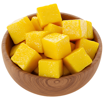 A wooden bowl filled to the brim with cubed mango pieces on a plain backdrop in a studio setting transparent background png