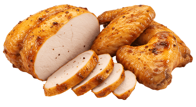 Close up of sliced roasted chicken breast and wings on a plain presentation surface, ready to eat transparent background png