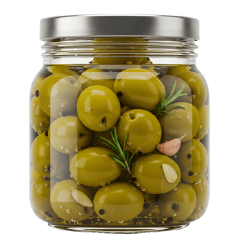 A glass jar filled with green olives and a sprig of rosemary under a silver colored metal lid close up view transparent background png