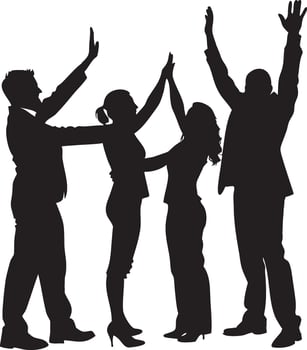 Success Silhouette A united team of business professionals celebrates their achievements with raised arms, conveying teamwork and success through their silhouettes. vector