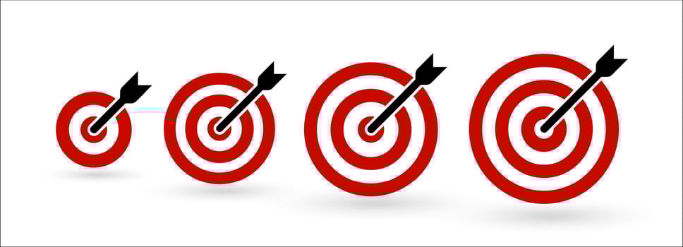 Red targets with black arrows, symbolizing focus, success, progress, goal achievement. Icon for business infographic, sport competitions, leadership logo, strategic planning. Flat illustration vector