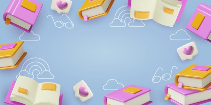 3d books reading background with flying children books hearts rainbows and clouds vector