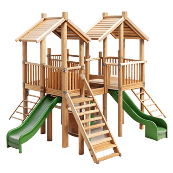 Wooden Playset for Children with Two Slides and Climbing Features png