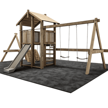 Wooden Children's Playground Set with Slide and Swings on a Gray Surface png