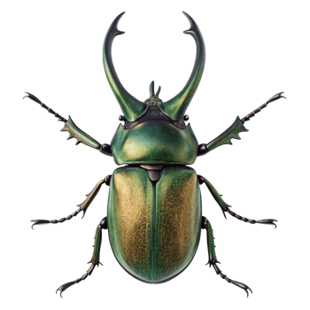 Magnificent iridescent green beetle with large horns a detailed close up studio shot png