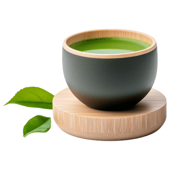Free Isolated on Transparent Background, vibrant matcha drink served in stylish bowl on wooden coaster evokes sense of tranquility png