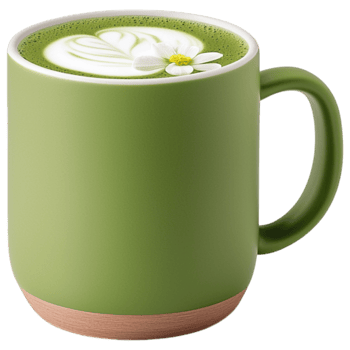 Free Isolated on Transparent Background, vibrant matcha drink stylish green mug topped with delicate flower design creates refreshing experience png