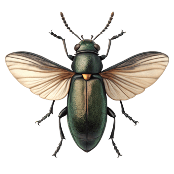 Detailed Closeup of a Jeweltoned Green Beetle with Beige Wings and Long Antennae png