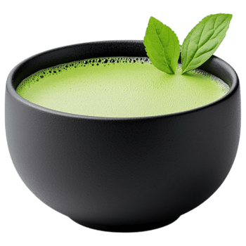 Free Isolated on Transparent Background, vibrant matcha drink in black bowl garnished with fresh leaves creates refreshing experience png