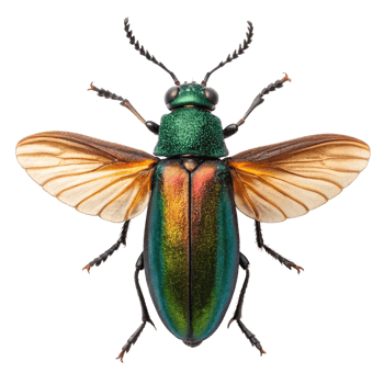 Magnificent iridescent beetle with vibrant green and gold hues showcasing intricate details of its wings and body png
