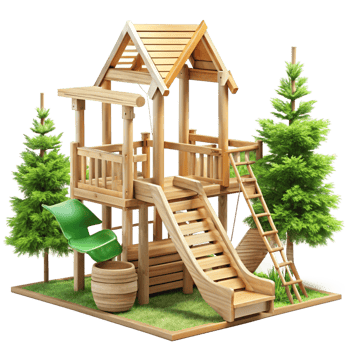 Wooden Playset for Kids with Slide Ladder and Green Chair in Backyard Setting png