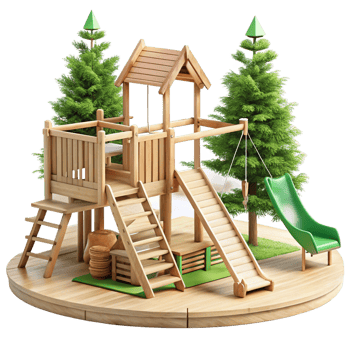 Wooden Playset in a Circular Sandbox with Two Pine Trees and Green Slide png