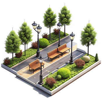 Isometric View of a City Park with Benches and Streetlights png