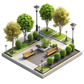 Isometric View of a Beautifully Landscaped City Park with Benches and Streetlights png