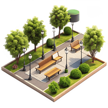 Isometric View of a Tranquil City Park with Benches and Lampposts png