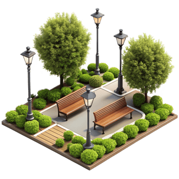 Isometric View of a Relaxing Park Scene with Benches and Lampposts png