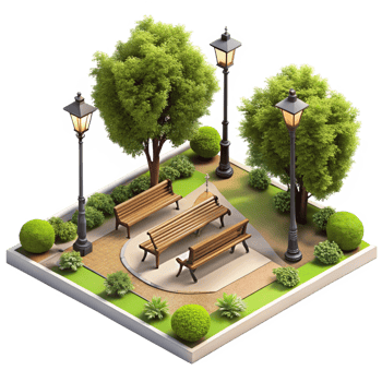 Beautiful isometric view of a park with benches and streetlights png