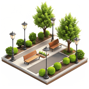 Isometric View of Charming City Park with Benches and Lampposts png
