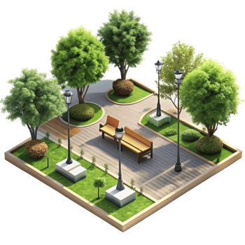 A serene park landscape design with lush green trees, wooden benches, and elegant lamp posts png