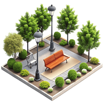 A Modern Urban Park Design with Wooden Benches and Lush Greenery png