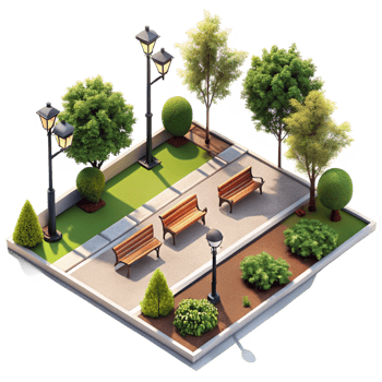 A beautiful isometric view of a park with benches and street lights png
