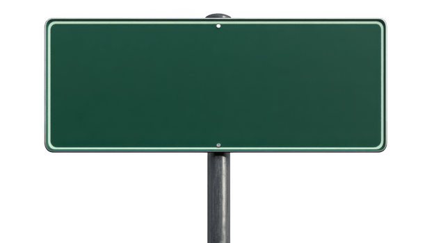 blank green rectangular street sign with metal pole stands against transparency background, ready for customization png