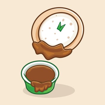 Cute cartoon illustration of serabi cake, a traditional Indonesian food originating from Java. Serabi is usually served with granulated sugar or coconut milk sauce. vector