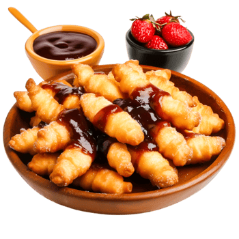 Golden Fried Pastries with Sweet Sauce and Fresh Strawberries on Plate png
