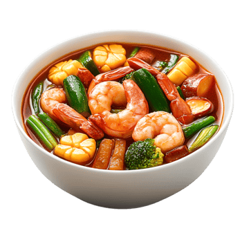 Shrimp and Vegetable Soup in Bowl with Fresh Ingredients and Rich Color png